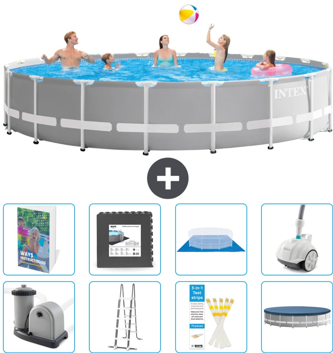 Intex Rond Prism Frame Zwembad - 610 x 132 cm - Grijs - Inclusief Pomp - Ladder - Grondzeil - Afdekzeil - Vloertegels - Stofzuiger - 9-delig