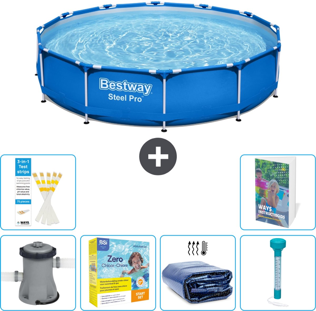 Bestway Rond Steel Pro Zwembad - 366 x 76 cm - Blauw - Inclusief Pomp - Onderhoudspakket - Solarzeil - Thermometer - 7-delig