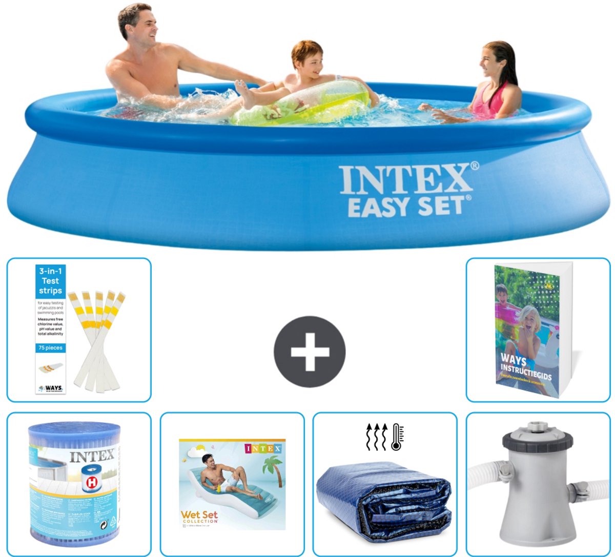 Intex Rond Opblaasbaar Easy Set Zwembad - 305 x 61 cm - Blauw - Inclusief Filter - Loungebed - Solarzeil - Zwembadfilterpomp - 7-delig