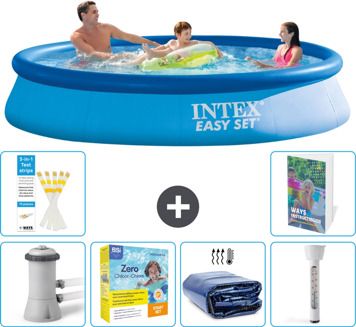 Intex Rond Opblaasbaar Easy Set Zwembad - 366 x 76 cm - Blauw - Inclusief Pomp - Onderhoudspakket - Solarzeil - Thermometer - 7-delig