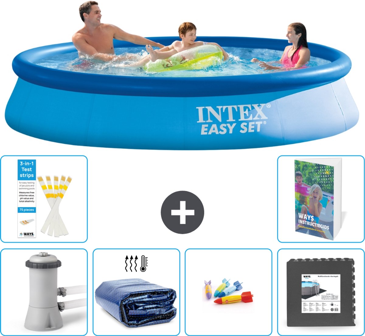 Intex Rond Opblaasbaar Easy Set Zwembad - 366 x 76 cm - Blauw - Inclusief Pomp - Solarzeil - Speelgoed - Vloertegels - 7-delig
