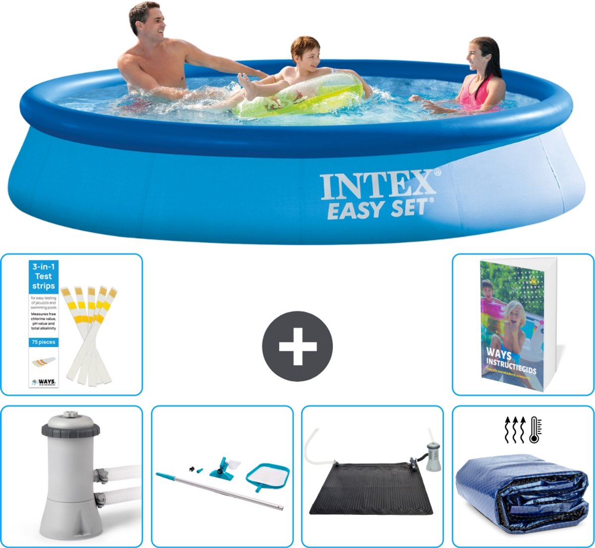 Intex Rond Opblaasbaar Easy Set Zwembad - 366 x 76 cm - Blauw - Inclusief Pomp - Schoonmaakset - Solar Mat - Solarzeil - 7-delig