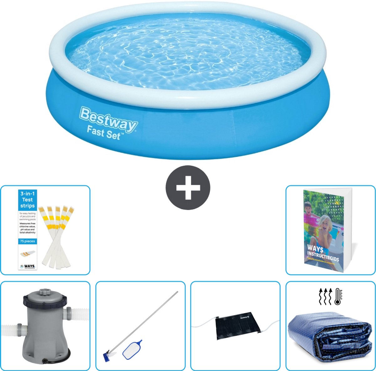 Bestway Rond Opblaasbaar Fast Set Zwembad - 366 x 76 cm - Blauw - Inclusief Pomp - Schoonmaakset - Solar Mat - Solarzeil - 7-delig