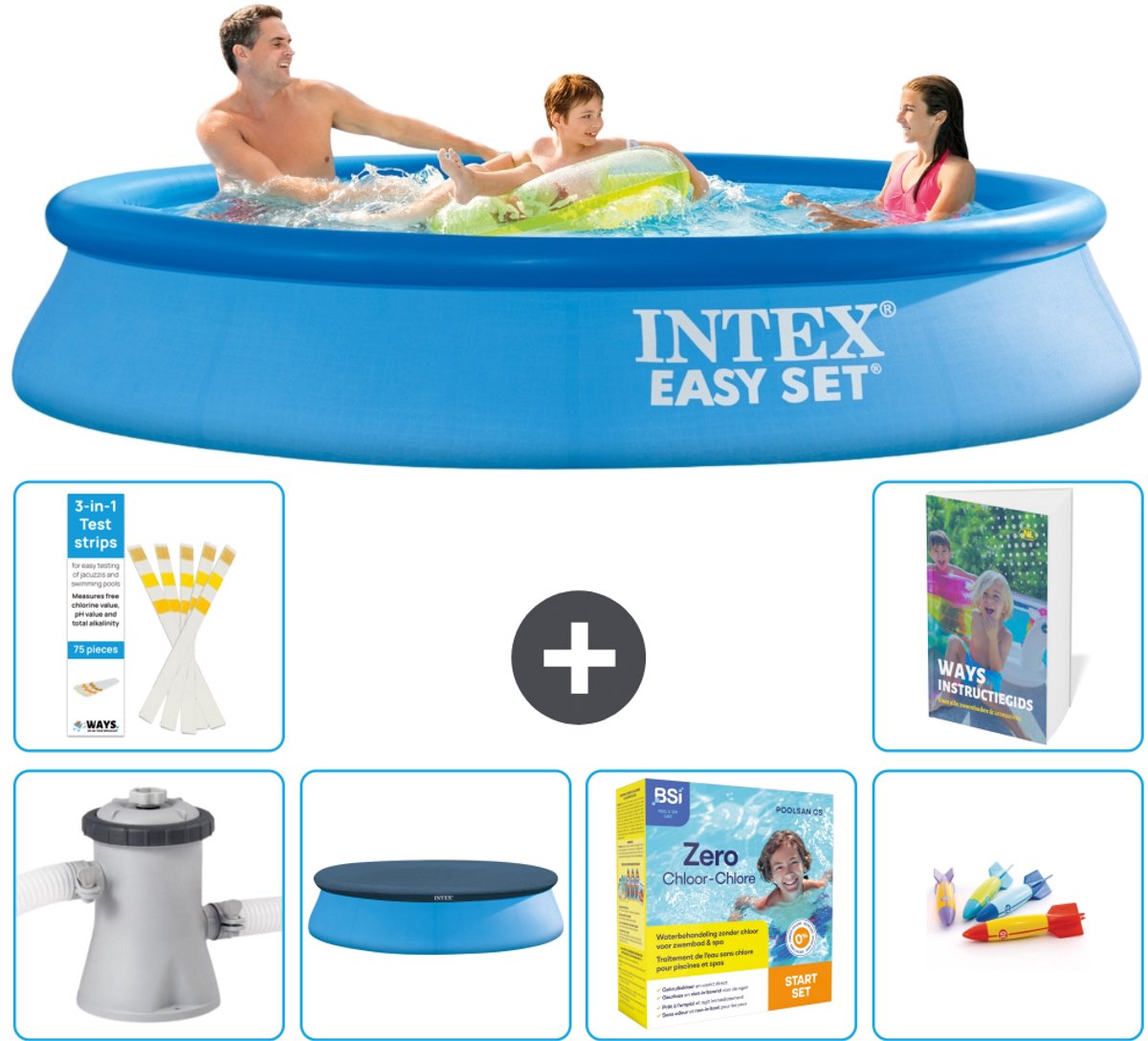 Intex Rond Opblaasbaar Easy Set Zwembad - 305 x 61 cm - Blauw - Inclusief Pomp - Afdekzeil - Onderhoudspakket - Speelgoed - 7-delig