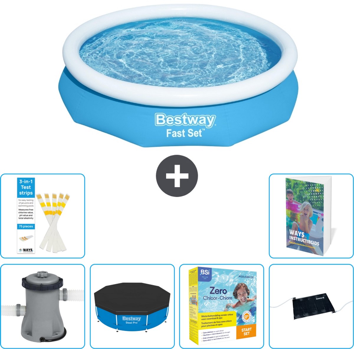Bestway Rond Opblaasbaar Fast Set Zwembad - 305 x 66 cm - Blauw - Inclusief Pomp - Afdekzeil - Onderhoudspakket - Solar Mat - 7-delig