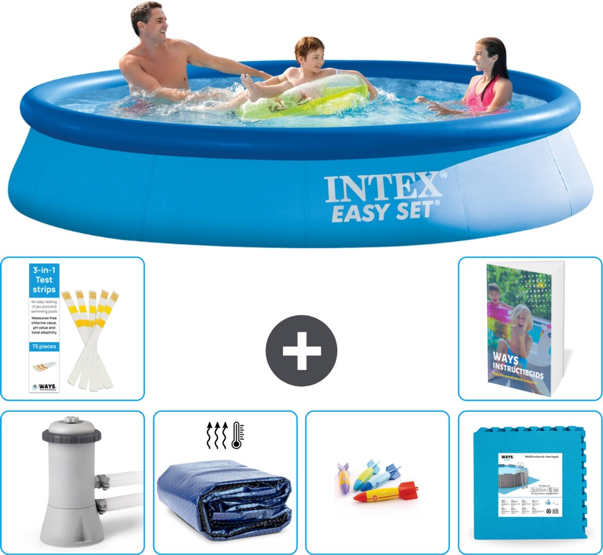Intex Rond Opblaasbaar Easy Set Zwembad - 366 x 76 cm - Blauw - Inclusief Pomp - Solarzeil - Speelgoed - Vloertegels - 7-delig