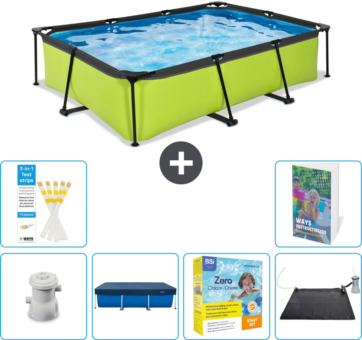 EXIT Rechthoekig Lime Frame Zwembad - 300 x 200 x 65 cm - Inclusief Pomp - Afdekzeil - Onderhoudspakket - Solar Mat - 7-delig