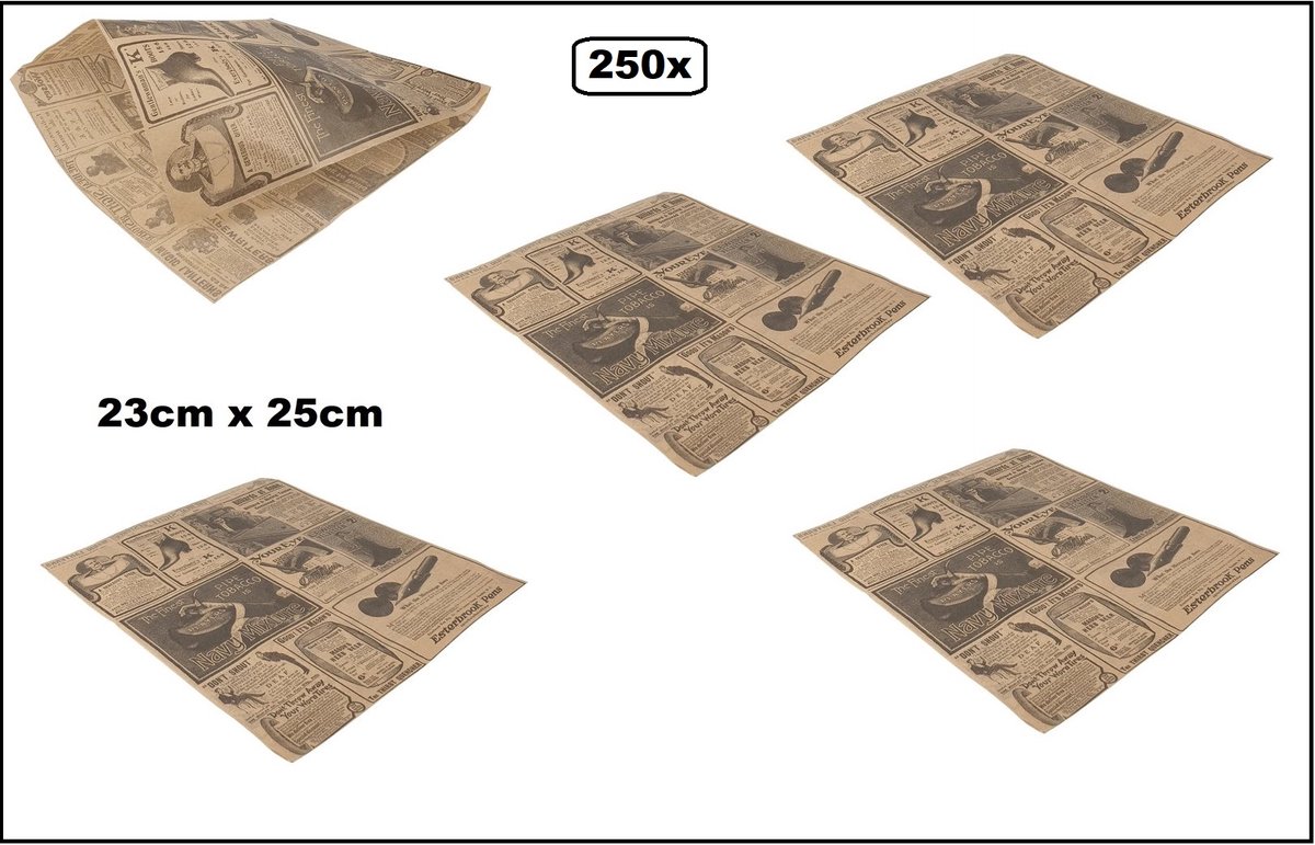 250x King size Hamburger/Snack zakje papier News kraft 23cm x 25cm - hamburger zak hip broodje festival themaparty festival carnaval