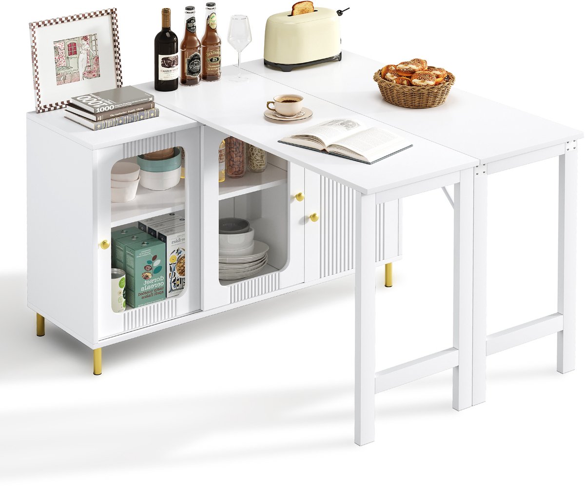 Sideboard Modern wit - Inklapbaar en uitschuifbaar tafelblad - Draaibaar oppervlak - Glazen schuifdeuren - Gouden metalen poten - Golfpatroon