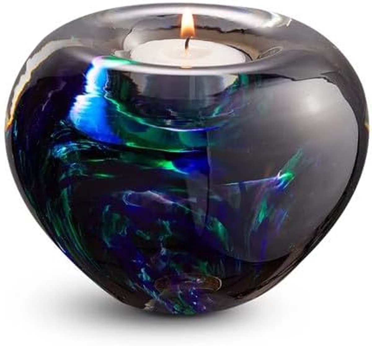 Theelicht Mini Urn - Waxinelicht Houder - Herinnering Bewaren - Handvervaardigd Kristalglas - H 12 cm - Paars-Groen-Blauw
