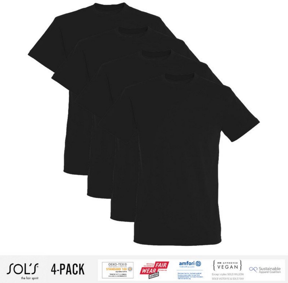 4 Pack Sol's Heren T-Shirt 100% biologisch katoen Ronde hals Zwart Maat L