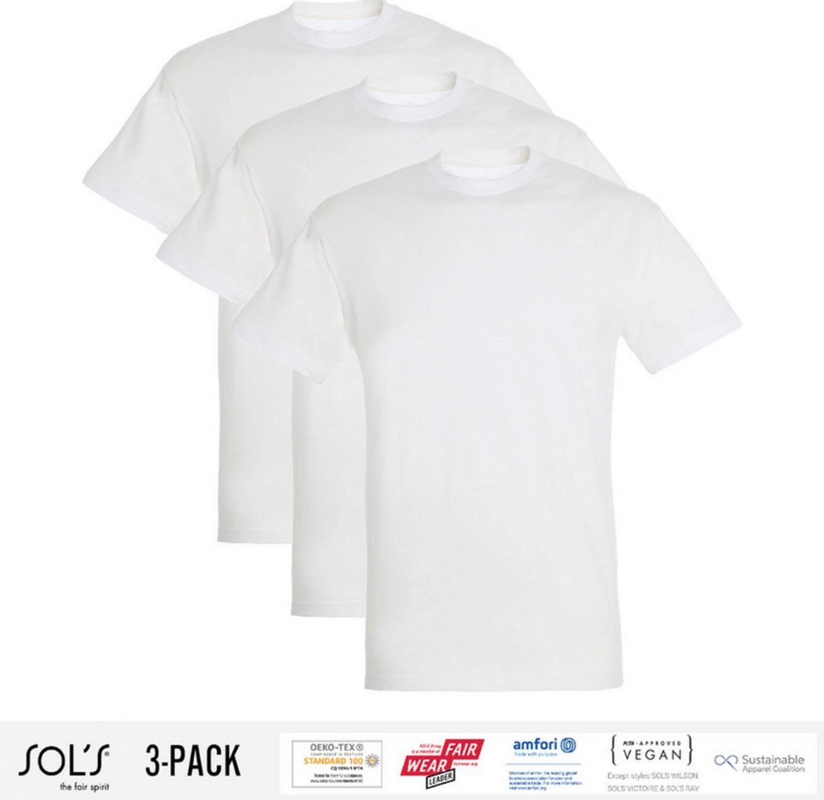 3 Pack Sol's Heren T-Shirt 100% biologisch katoen Ronde hals wit Maat XXL