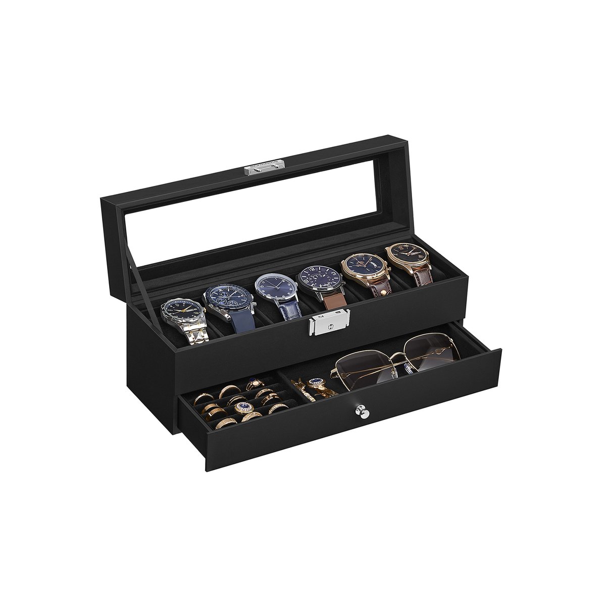 Horlogedoos met 2 compartimenten - PU-bekleding en zwarte voering - 10 x 32,5 x 13,5 cm - Zwarte PU