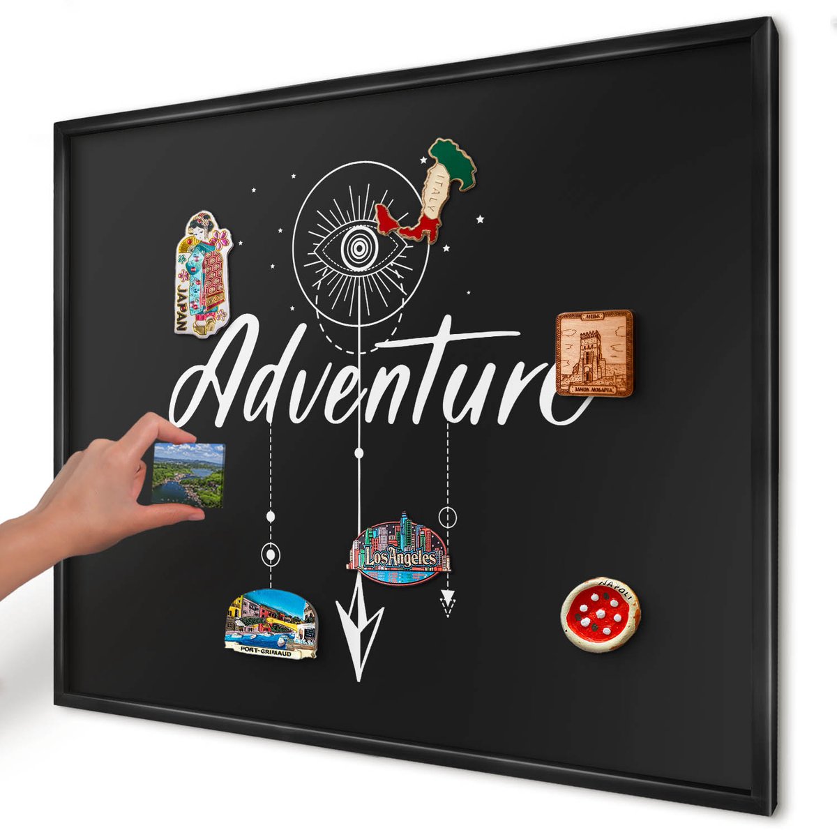 Artprintcave Zwart Magneetbord mit Zwart Frame - 80x60 cm - Avontuur Wacht. Notitiebord - Typografisch Bord Voor Magneten - Teksten
