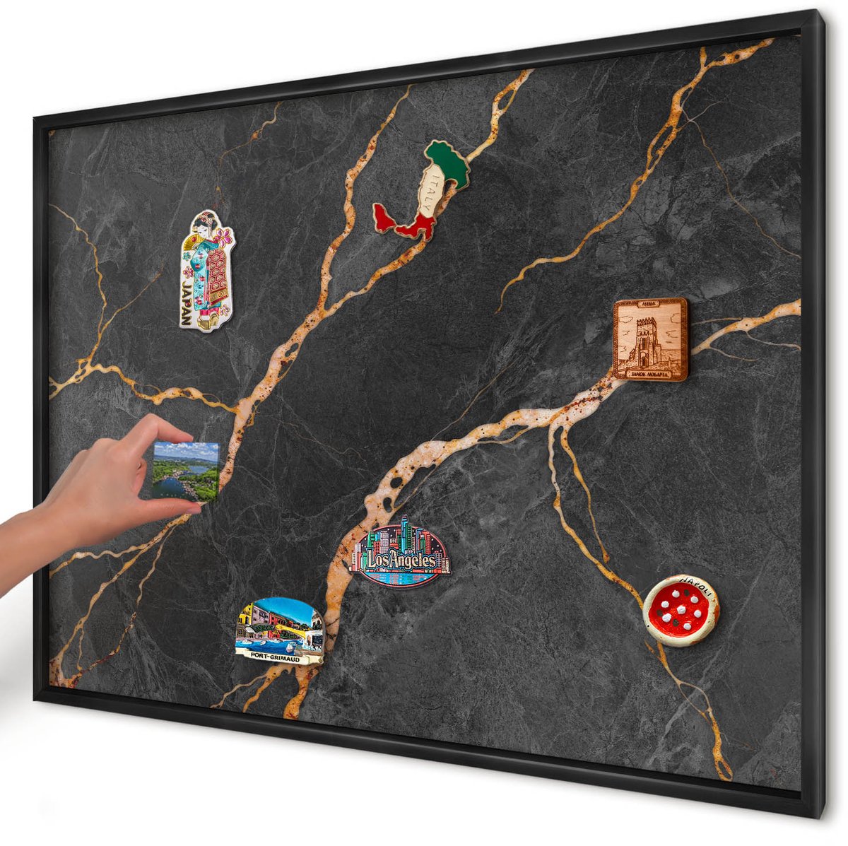 Artprintcave Zwart Magneetbord mit Zwart Frame - 100x70 cm - Marmeren Linten Magnetische Organizer - Abstract Notitiebord - Texturen