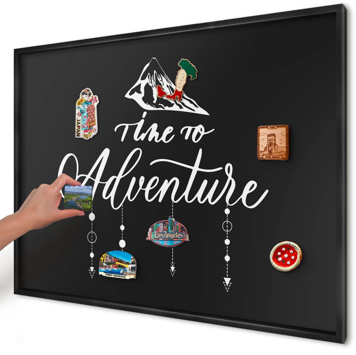 Artprintcave Zwart Magneetbord mit Zwart Frame - 100x70 cm - Avontuur Wacht. Magnetische Organizer - Modern Memobord Keuken - Teksten