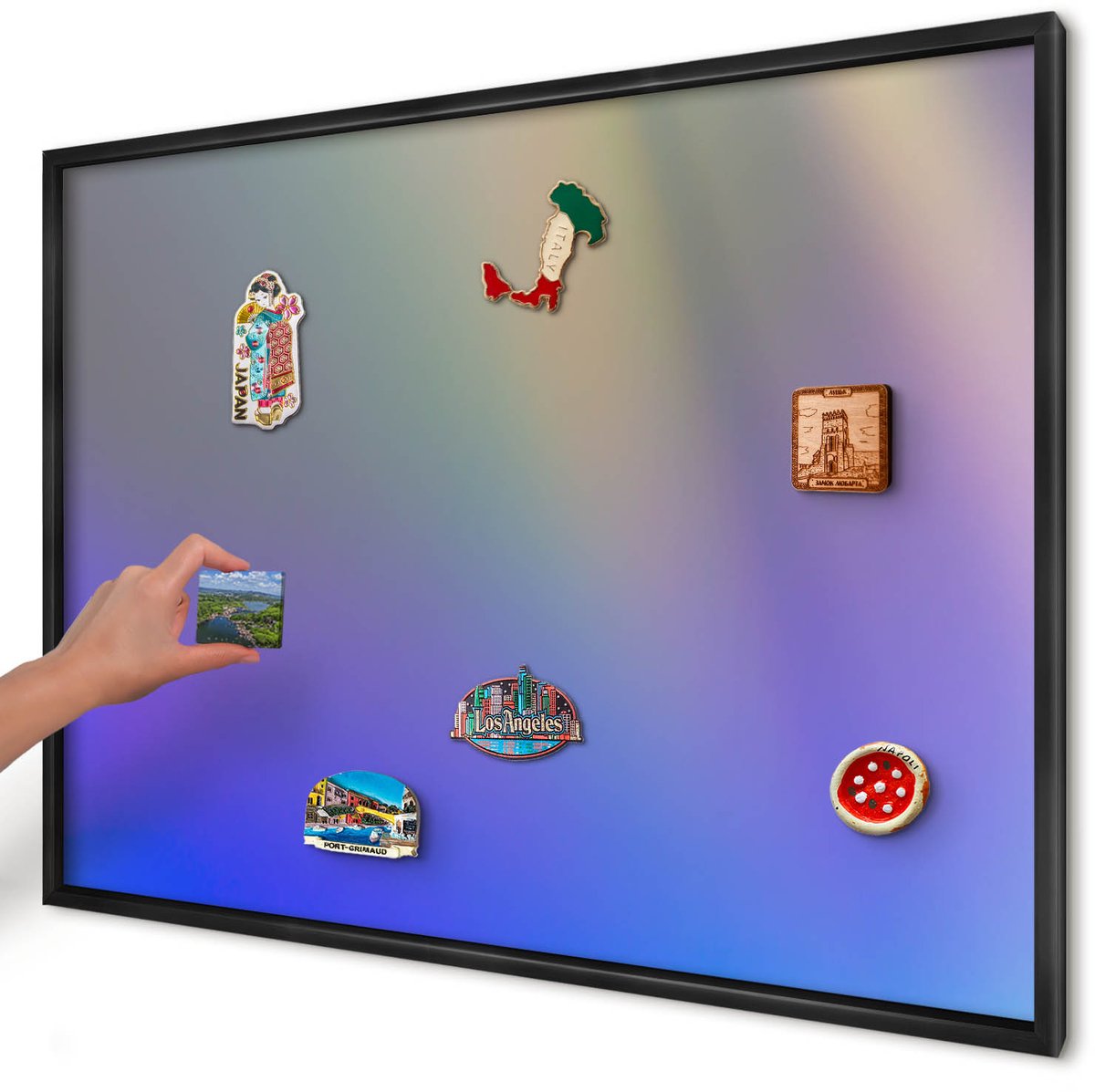 Artprintcave Blauw Magneetbord mit Zwart Frame - 100x70 cm - Subtiele Kleurovergang Memobord Keuken - Abstract Magnetisch Bord - Abstractie