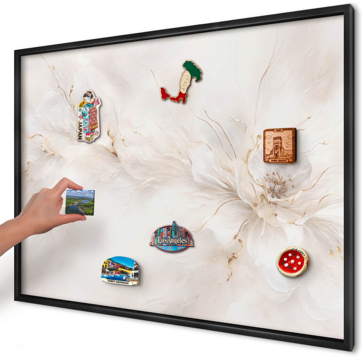 Artprintcave Romig Magneetbord mit Zwart Frame - 100x70 cm - Bloemige Elegantie Magneet Bord mit Frame - Schilderachtig Wandbord Magnetisch - Bloemen En Planten