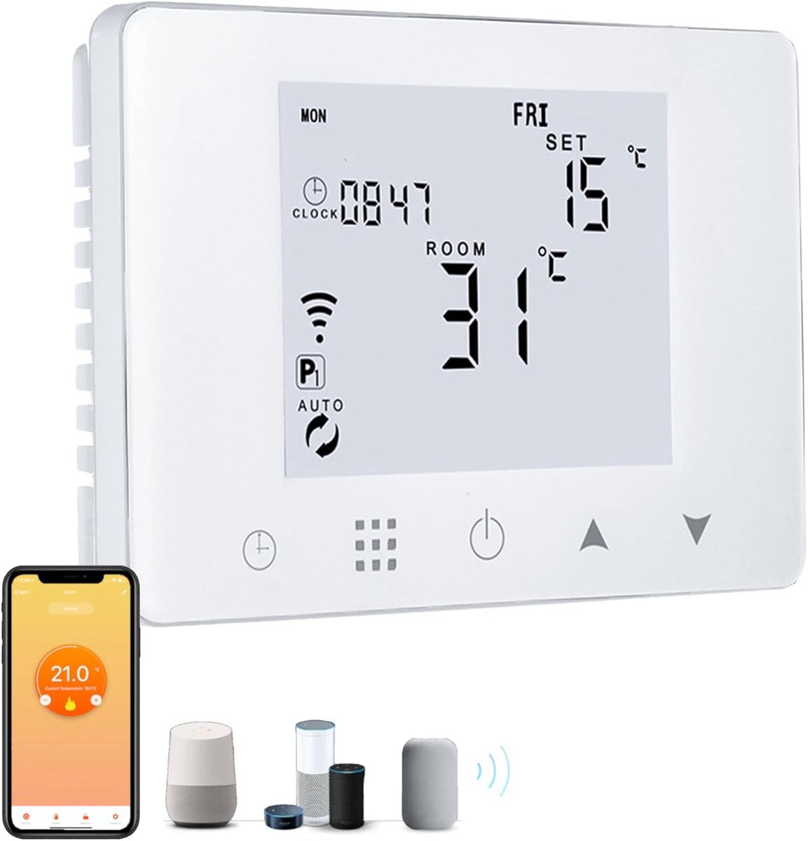SnelShoppen - WiFi Thermostaat voor Gas/Warmwater Boiler, Slimme Muurthermostaat, Compatibel met Alexa en Google, Programmeerbare Functie, Voor Thuisa