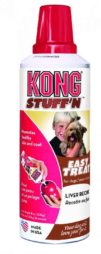 KONG Stuff'n Easy Treat Lever Recept. Rode dop, witte bus met KONG logo. Promoot gezonde huid en vacht.