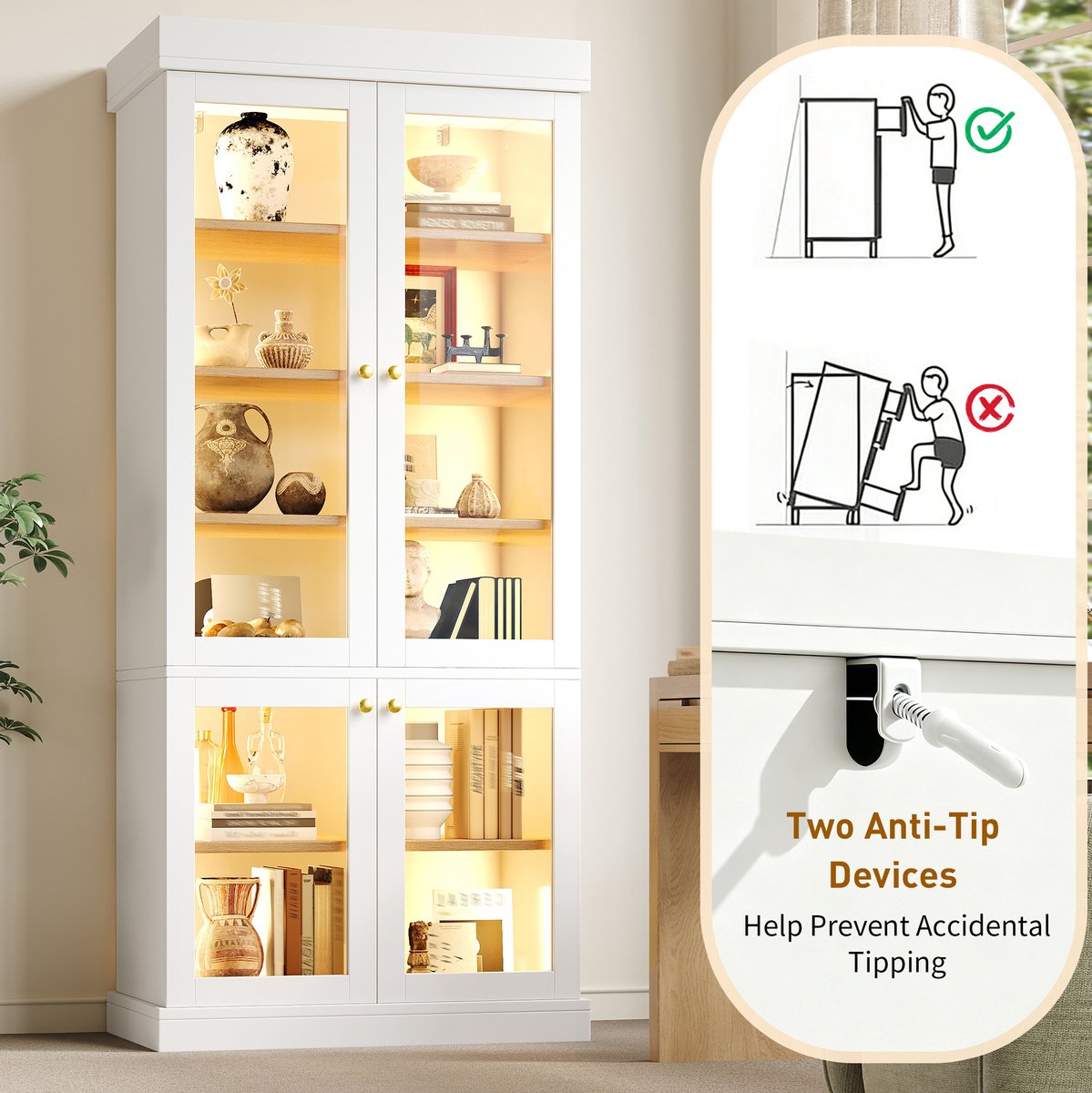 MIVRAY Vitrinekast - Hoge Kast Met Verlichting En Verstelbare Planken - Voor Woonkamer, Slaapkamer En Kinderkamer - Wit - 160x40x180 Cm