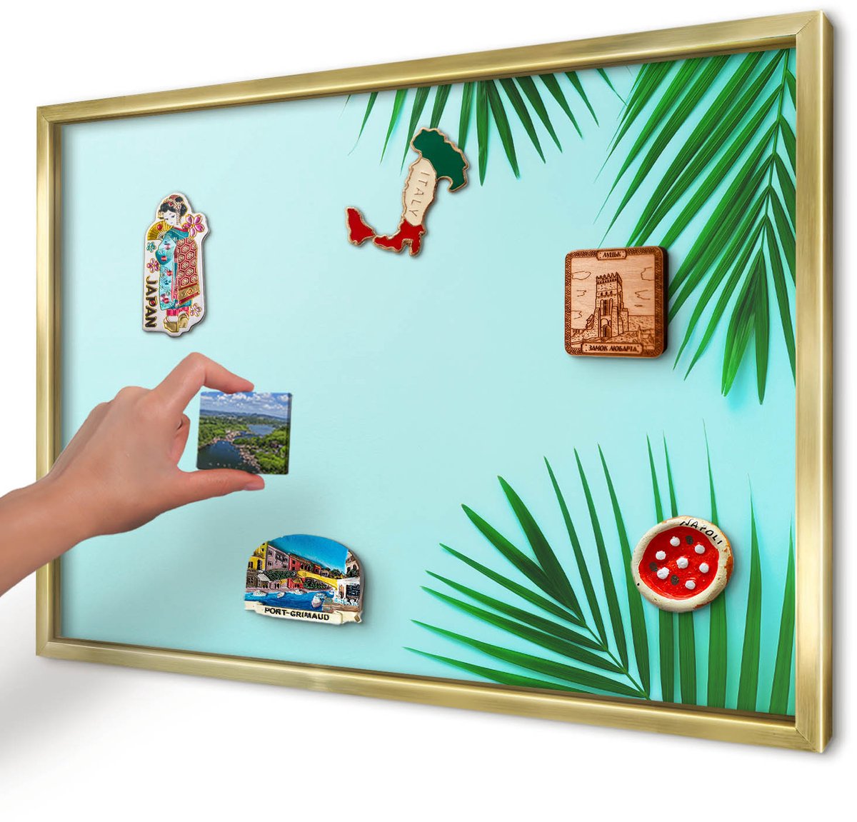 Artprintcave Groente Magneetbord mit Gouden Frame - 60x40 cm - Groene Bladeren Magnetisch Bord - Minimalist Magneetbord Voor Keuken - Natuur