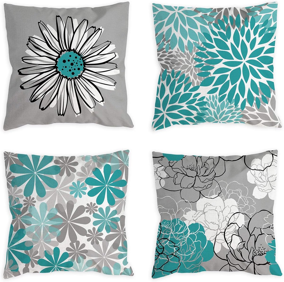 SnelShoppen - Set van 4 Teal Kussenhoezen 45x45cm Turquoise en Grijs Decoratieve Sierkussens voor Sofa, Modern Daisy Design voor Woonkamer, Bed, Buite