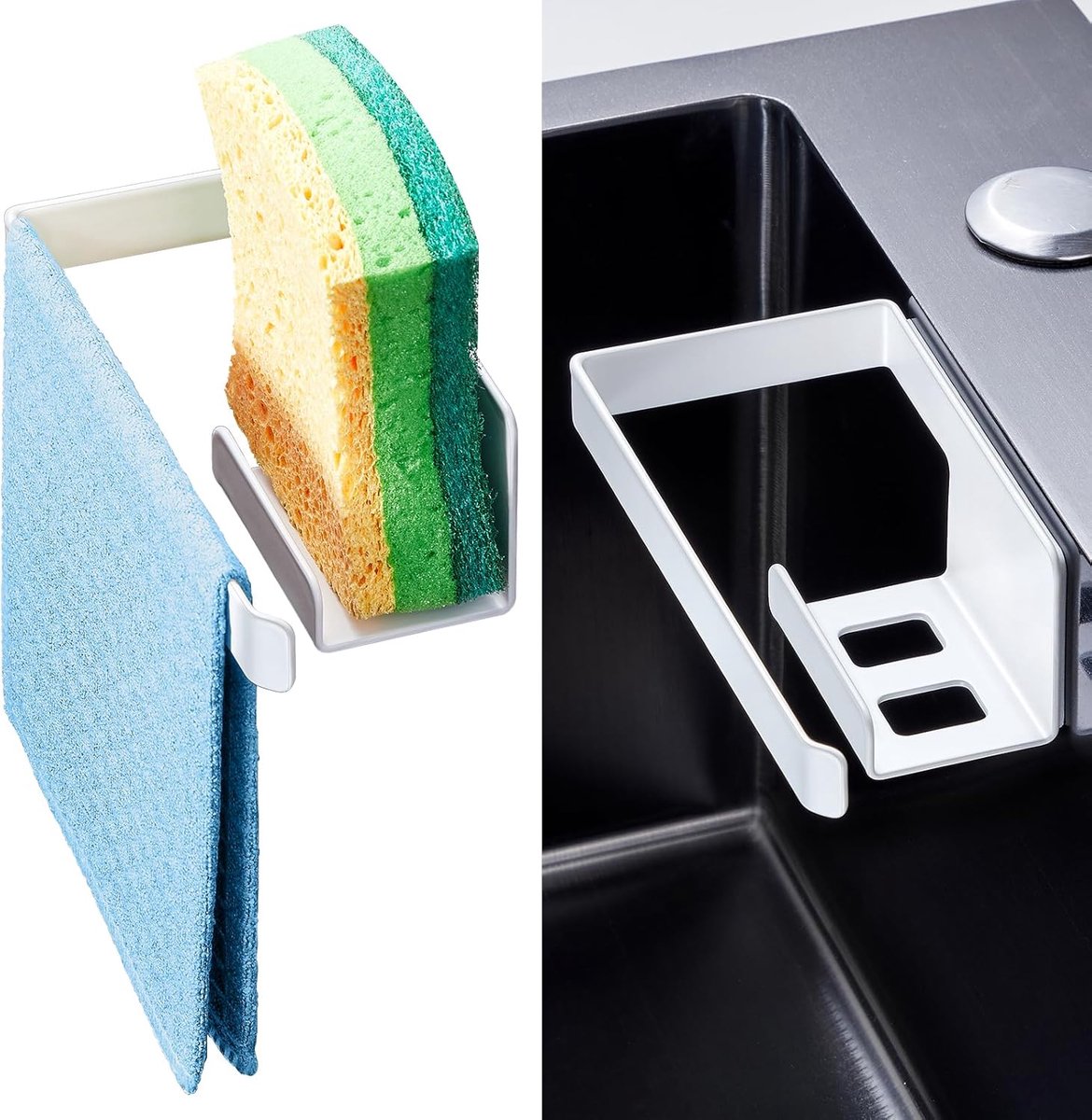 sponshouder voor gootsteen, zelfklevende sponshouder voor de keuken, houder voor spoeldoek, keukenopslag, roestvrij staal 2-in-1 doekenhouder, wit