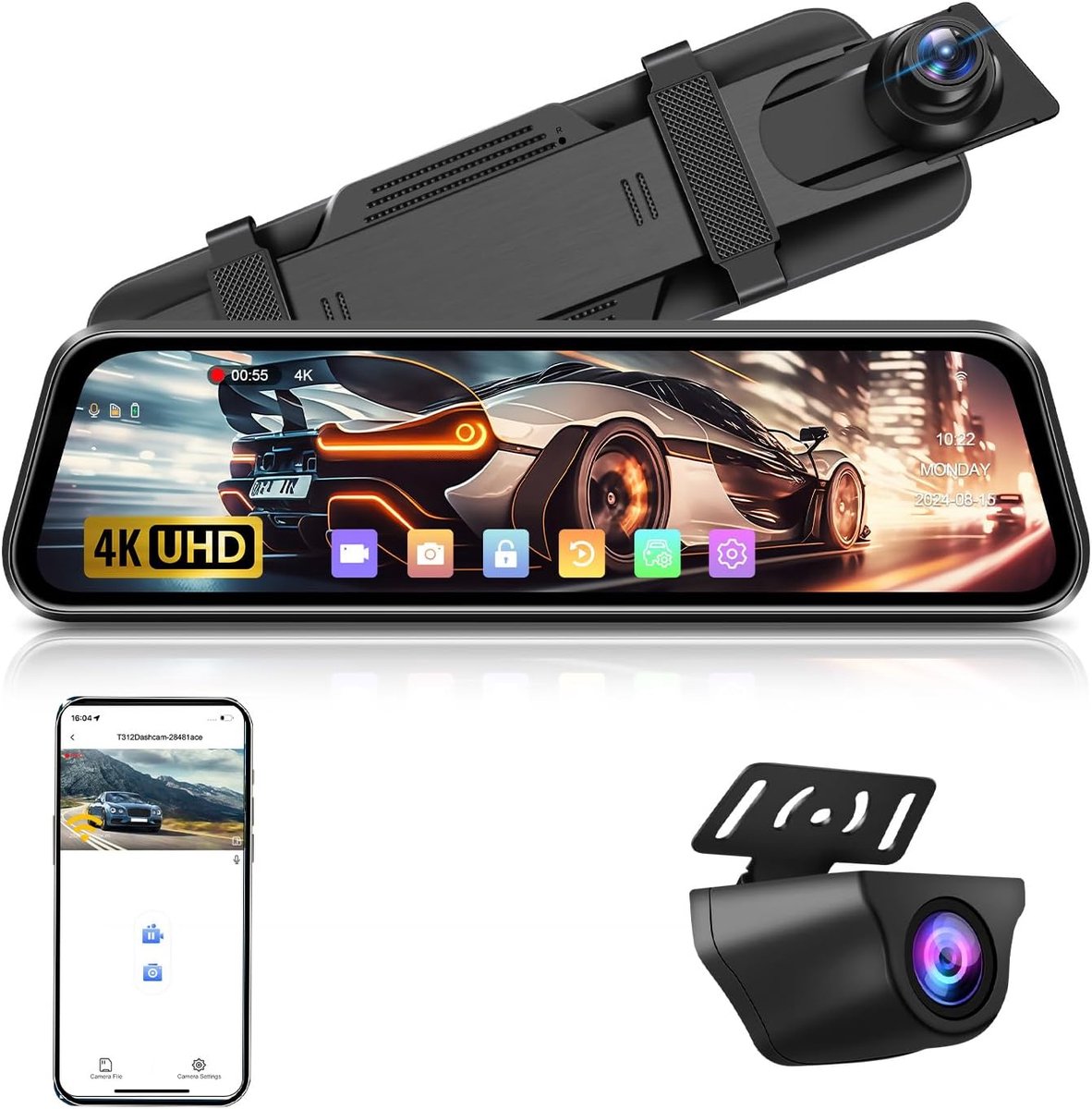 4K Dashcamspiegel, wifi, 10 inch IPS-touchscreen, achteruitkijkspiegel, auto met SD-kaart, 64 G, dashcam, autospiegel, parkeerhulp met WDR G-sensor loop-opname