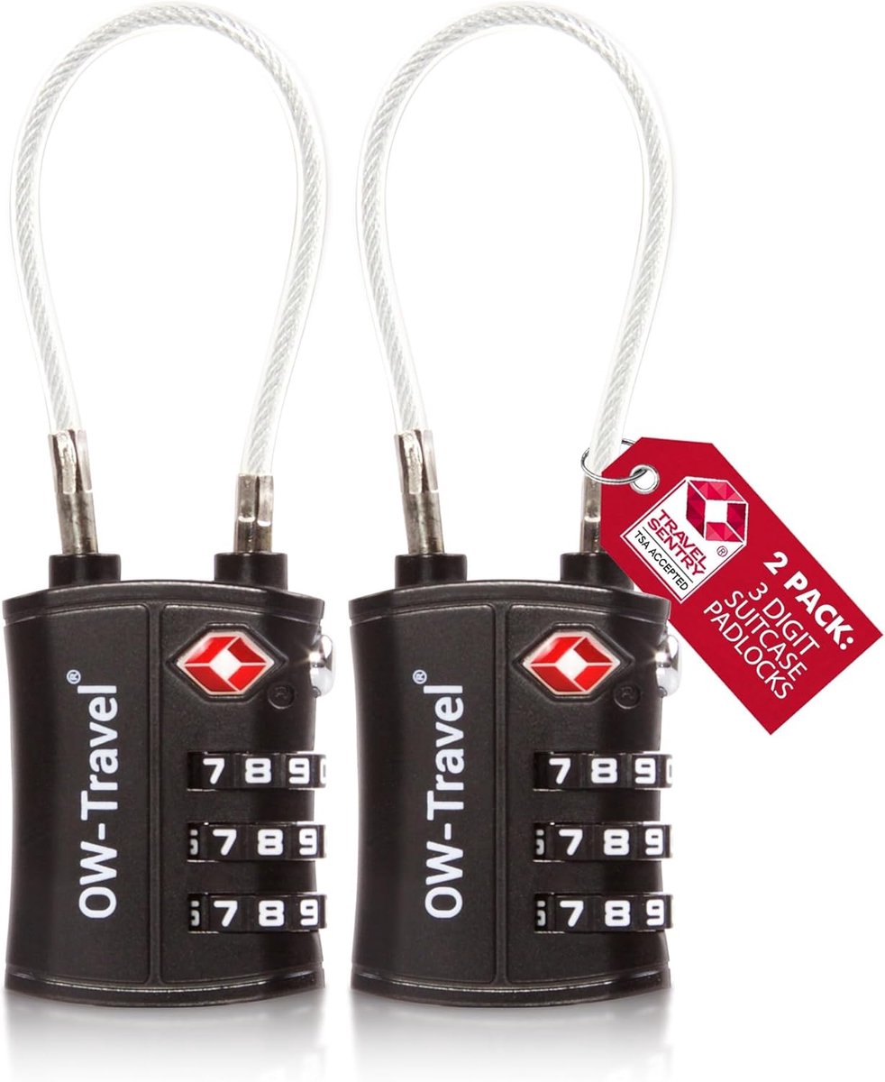 SnelShoppen - OW-Travel TSA Hangslot Kabelslot 3 Cijferig, Kofferslot Bagageslot Zwart 2 Stuks | Veiligheidsslot voor Kofferrits, Reisbagage, Rugzak,
