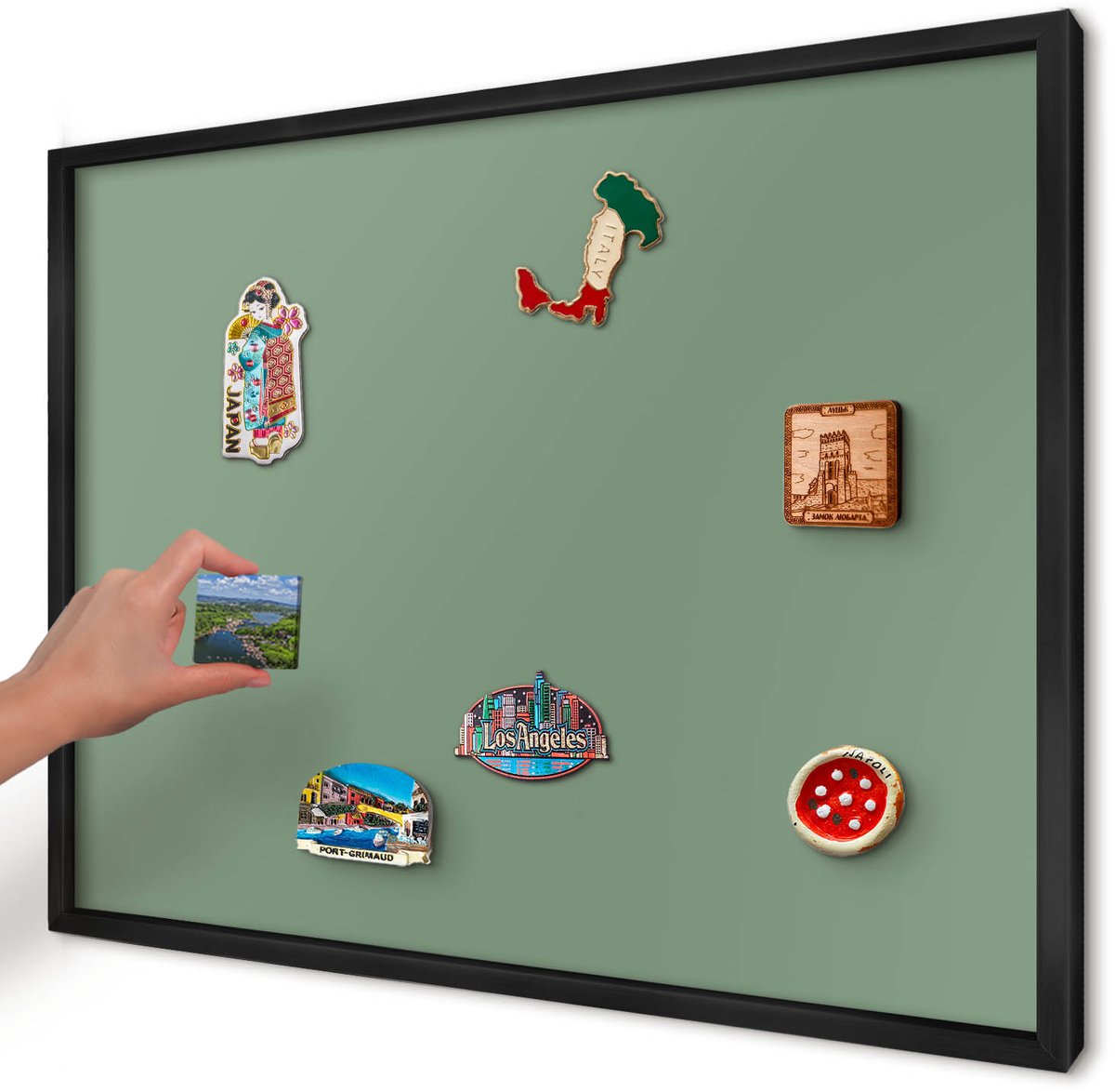 Artprintcave Groente Magneetbord mit Zwart Frame - 70x50 cm - Gedempt Groen Magnetisch Bord - Minimalist Magneetbord Voor Keuken - Achtergronden En Patronen