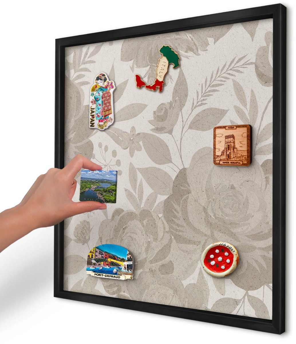 Artprintcave Beige Magneetbord mit Zwart Frame - 50x50 cm - Vintage Bloemen Bord Voor Magneten - Vintage Magneetbord Voor Keuken - Bloemen En Planten