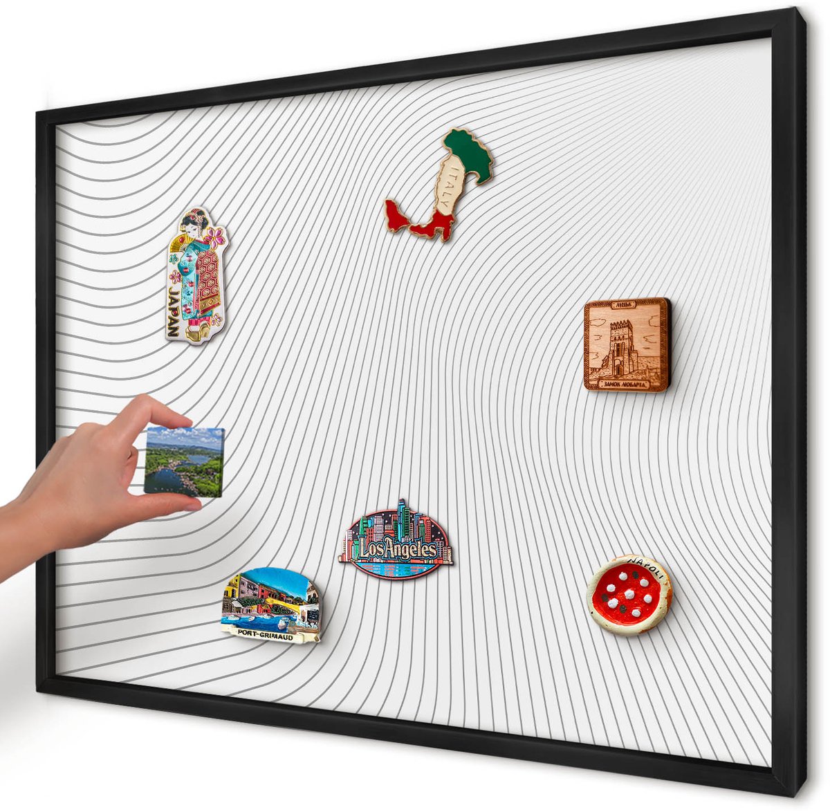 Artprintcave Wit Magneetbord mit Zwart Frame - 70x50 cm - Lijngolven Wandbord Magnetisch - Minimalist Memobord Keuken - Geometrie
