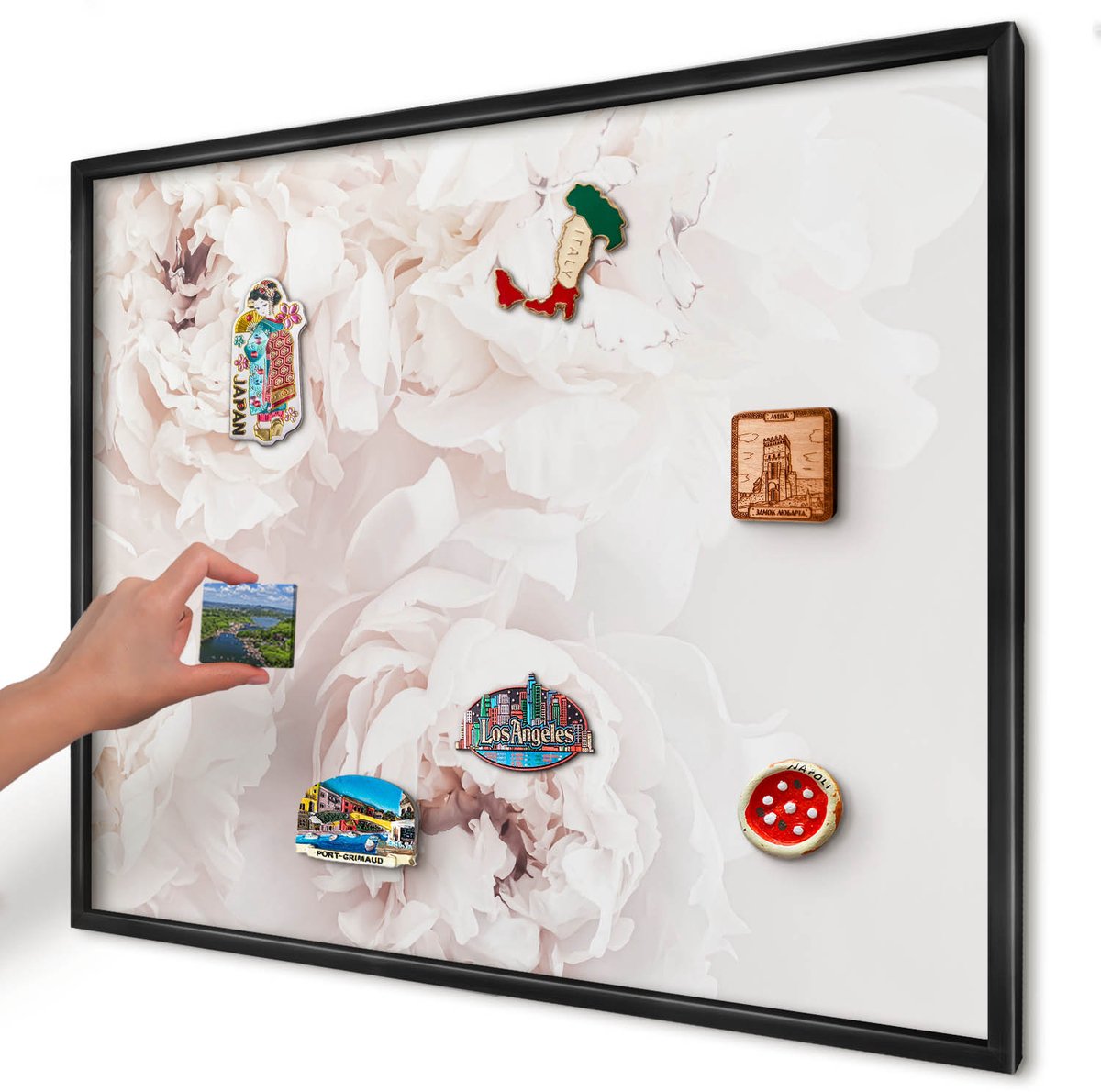 Artprintcave Wit Magneetbord mit Zwart Frame - 80x60 cm - Witte Pioenrozen Notitiebord - Minimalist Bord Voor Magneten - Bloemen En Planten