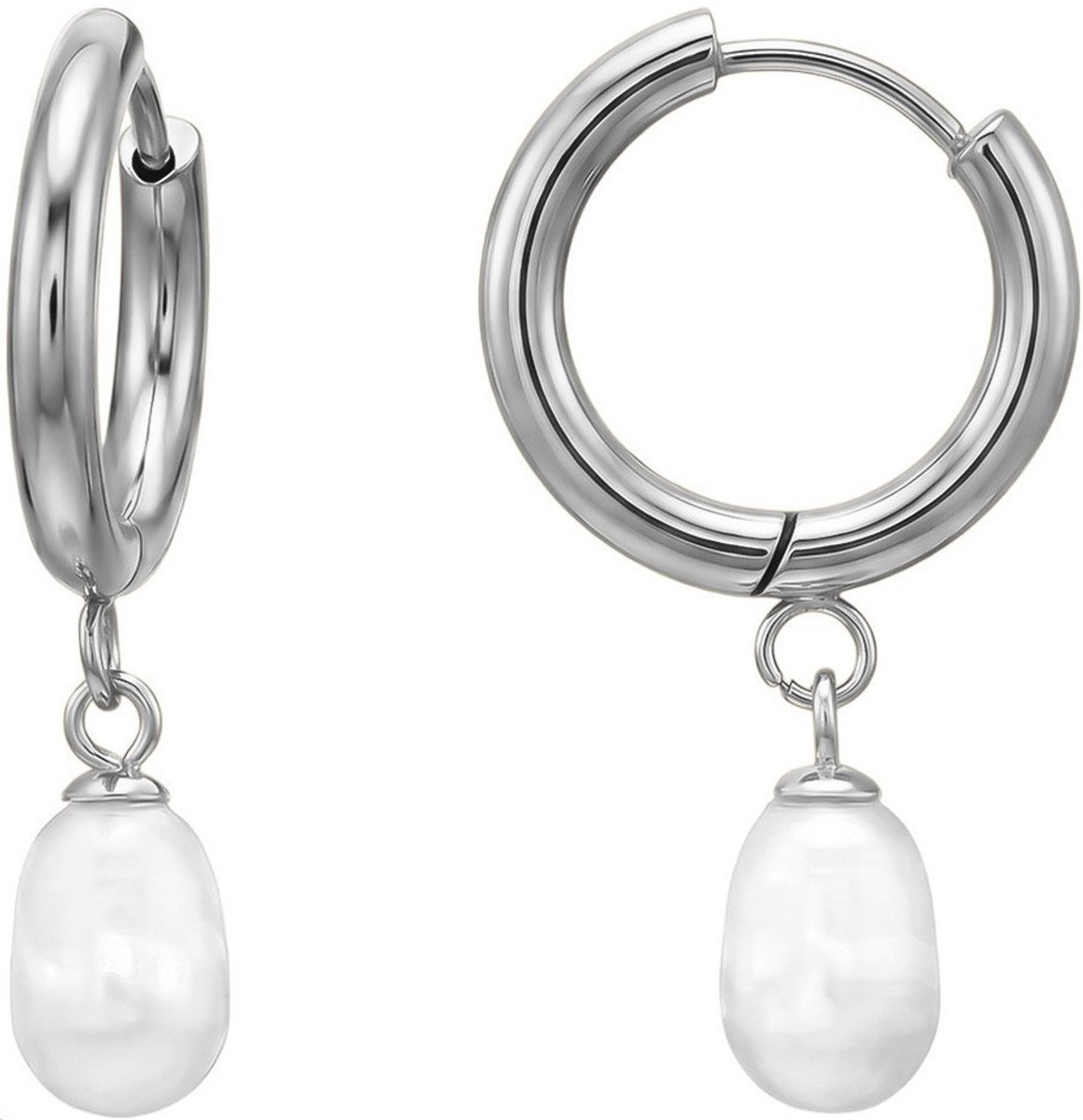 Joy Ibiza - parel oorbellen - pearl wit bedel oorringen - 16 mm met klap scharnier sluiting - zoet water parel - ear party boho - bohemian style - chirurgisch staal - ip/pvd t74
