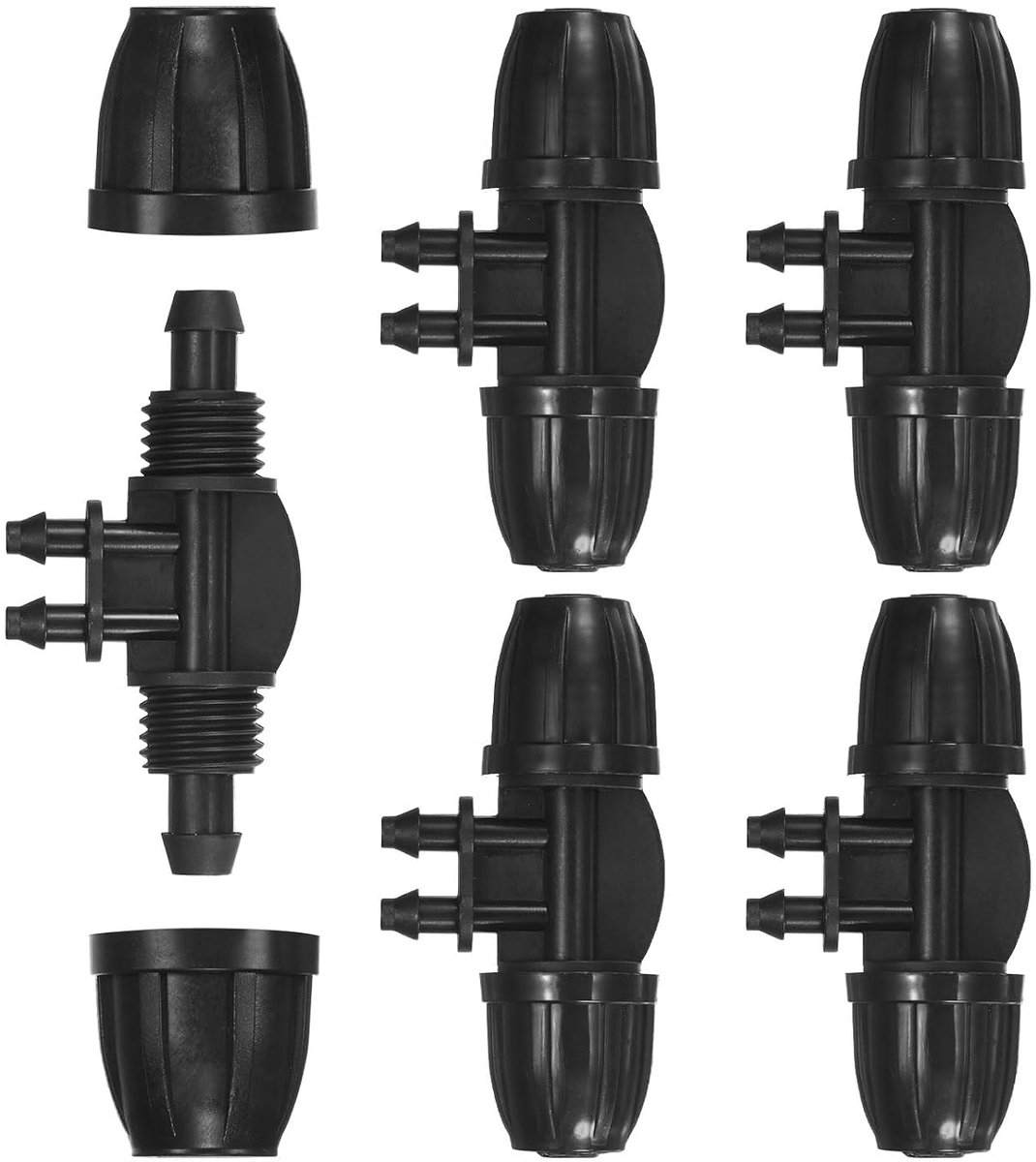 METERXITY 5-pack druppelirrigatie prikkeldraad vergrendeling buisfittingen, 3/8 tot 1/4 inch buisconnector kunststof 4-weg T-koppeling voor aquarium/kas, druppelirrigatie onderdelen