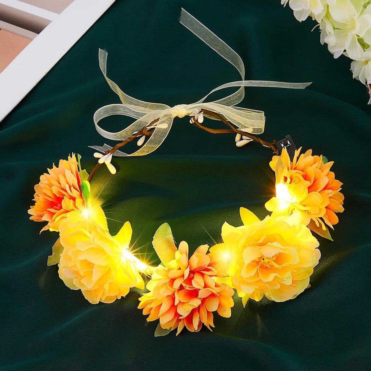 Lichtgevende bloemenkroon hoofdband LED haarkrans bruids bloemen slinger hoofddeksel festival feest haaraccessoires voor vrouwen en meisjes (oranje+champagne, één maat)