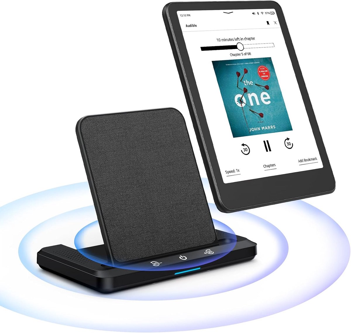 oplaadstation met luidspreker voor luisterboeken | Compatibel met Kindle Paperwhite Signature Edition (2022/2024) & Colorsoft Signature Edition | Opvouwbaar draadloos laadstation incl