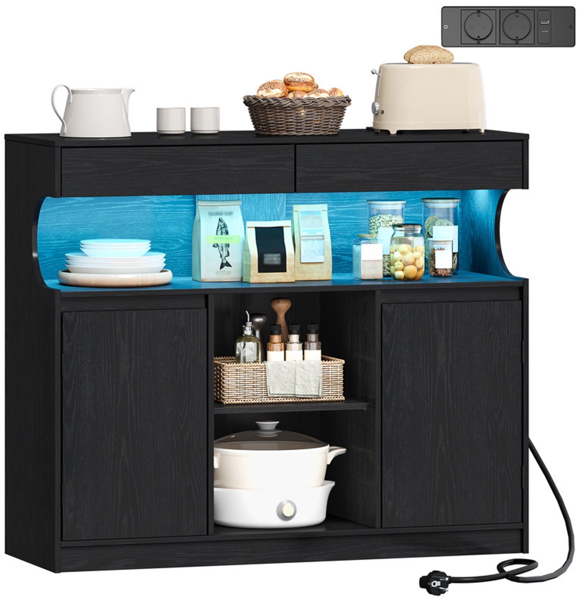 Hzuaneri Dressoir, Keukenkast Met Stekkerdoos En Ledverlichting, Buffetkast, 2 Lades En 2 Deuren, Verstelbare Planken, Voor Eetkamer En Keuken, 35 × 100 × 85 cm, Zwart