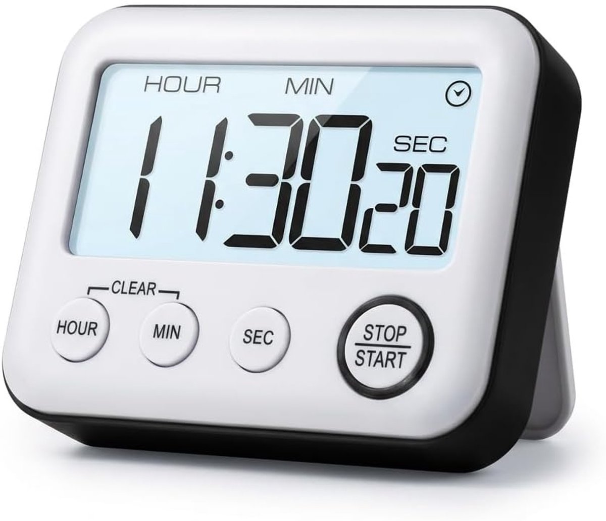 keukentimer, groot LCD-display, uur/minuut/seconde, stop-/startfunctie, wit