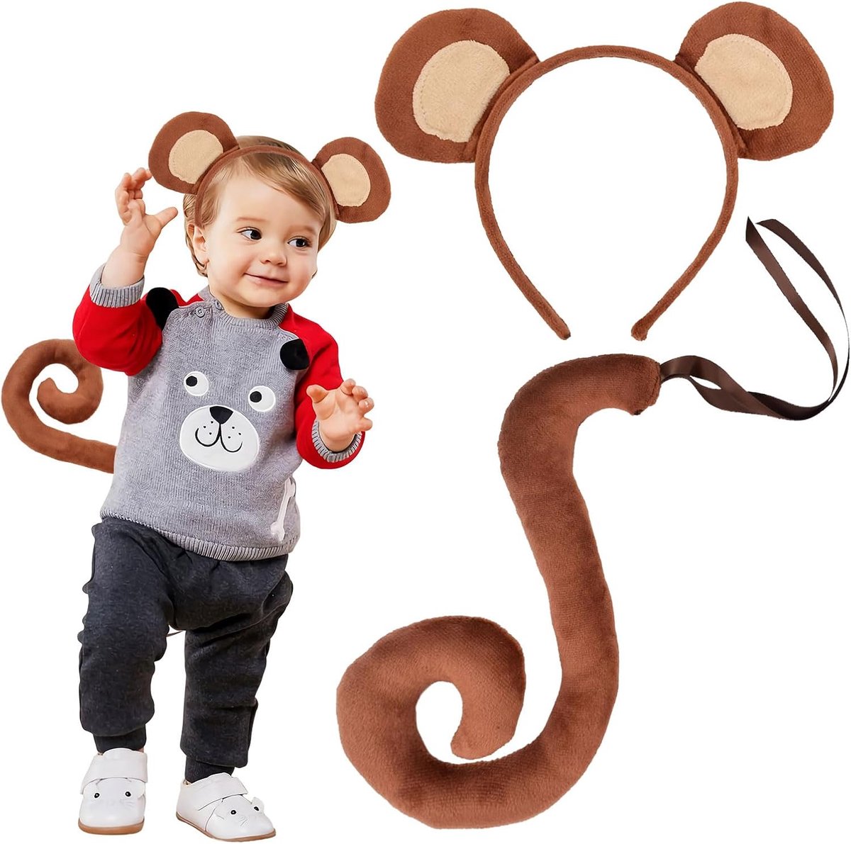 2 stuks haarband met apenoren, lang staartkostuum, apenkostuum, hoofdband met dierenoren, kostuum voor volwassenen, kinderen, Halloween, accessoires voor carnaval, feest, cosplay