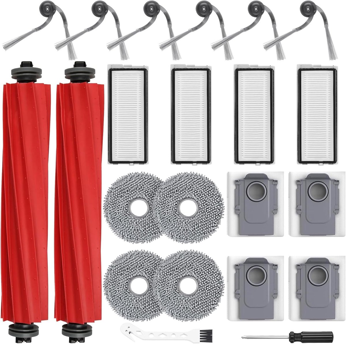 22-delige accessoireset voor Roborock QV 35S / QV 35A robotstofzuiger met 2 hoofdborstels, 4 reinigingsdoeken, 4 HEPA-filters, 4 stofzakken, 6 zijborstels, 1 reinigingsborstel, 1 schroevendraaier