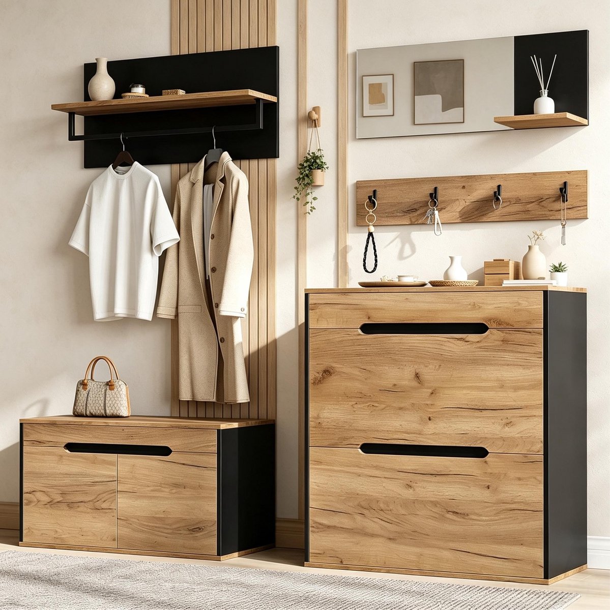 MIVRAY Kledingrek - Modulair Halmeubel Met Spiegel En 4 Haken - Voor Entree En Gang - MDF En Spaanplaat - 156 X 36 X 176 Cm