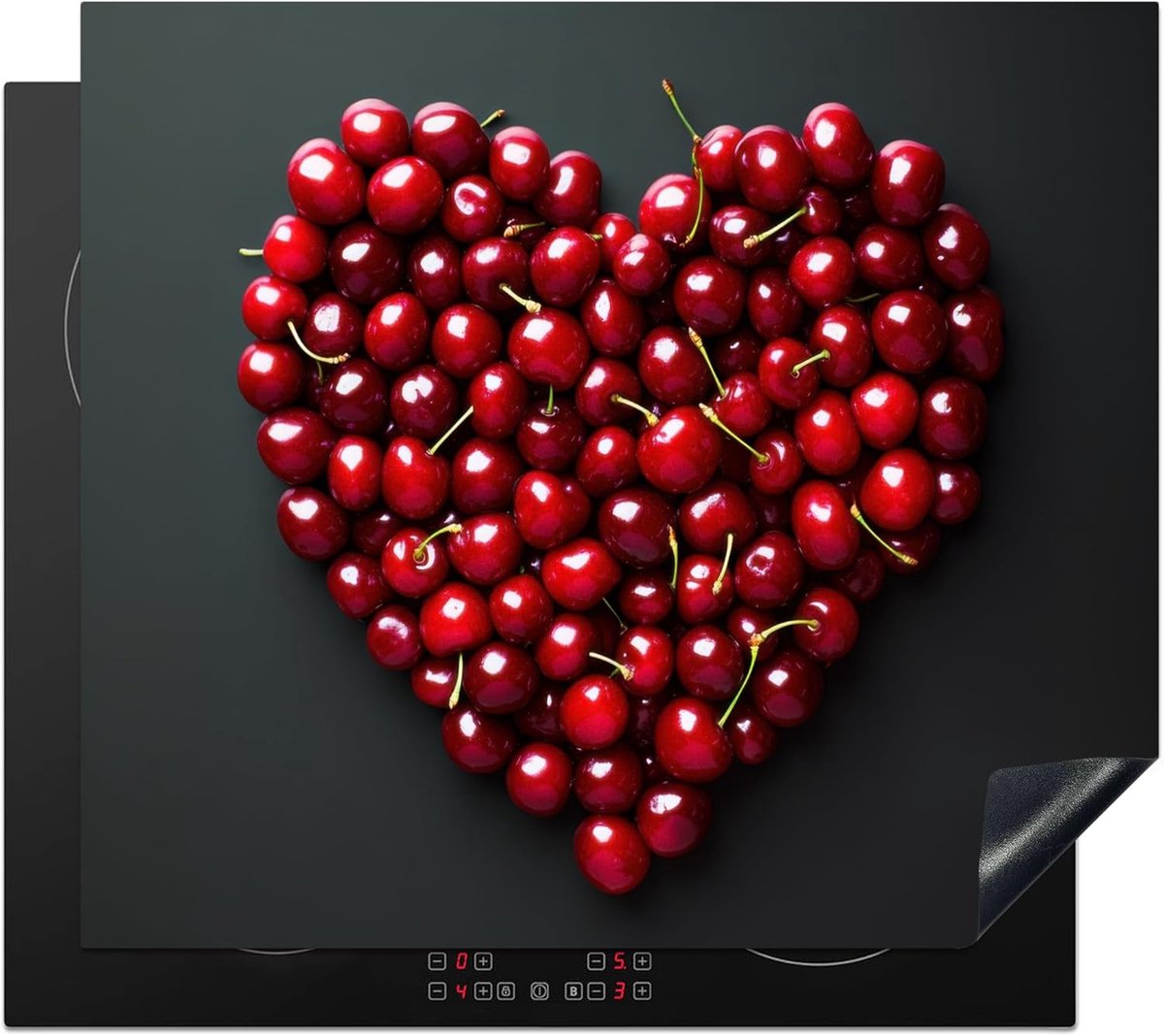 SnelShoppen - Inductie Beschermer 60x52cm Keuken Decoratie Kookplaat Bescherming Antislipmat - Kers - Hart - Rood - Zwart - Valentijnsdag