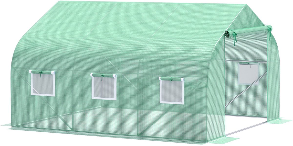 Tuintunnelbroeikas, 10,5 m², 3,5 x 3 x 2 m, stalen deur, groen | 6 oprolbare ramen, verzinkt staal, polyethyleen zeil met hoge dichtheid