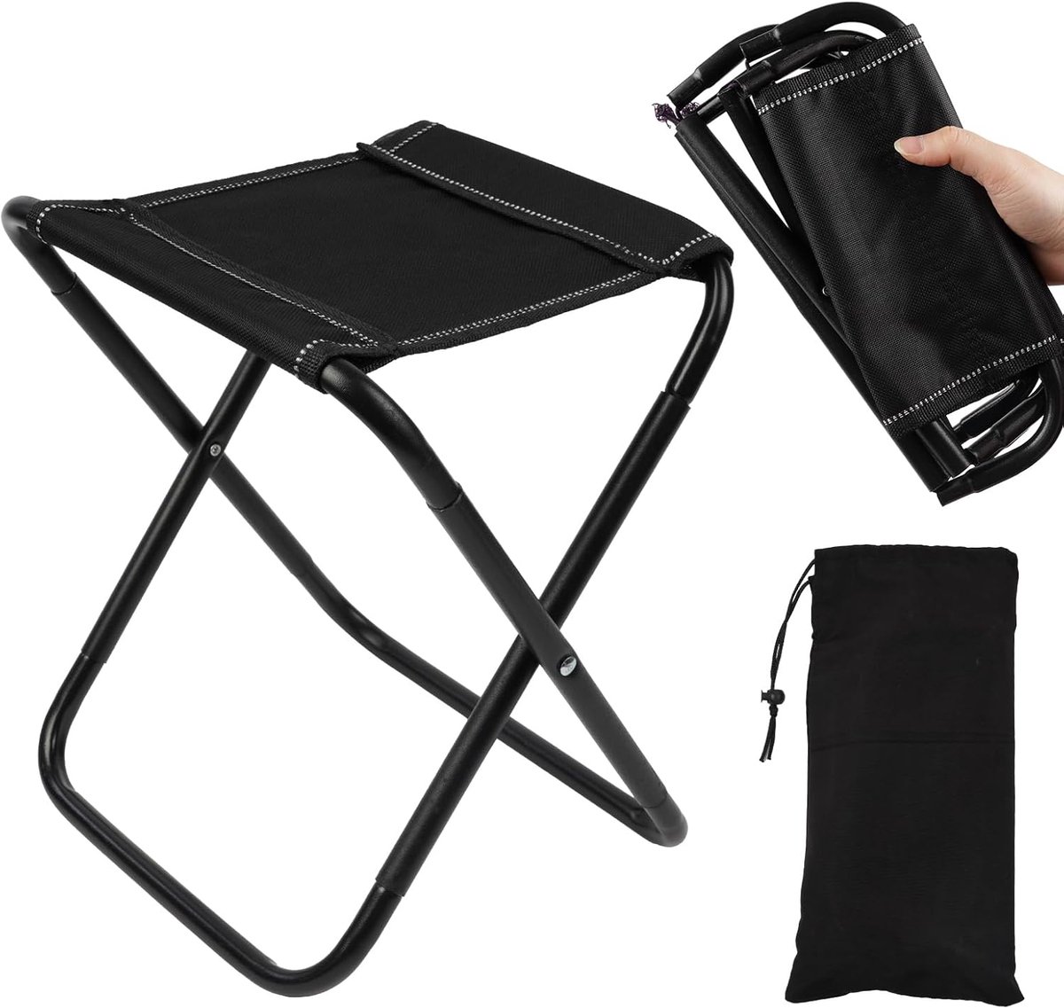 SnelShoppen - Mini Vouwstoel, Opvouwbare Campingstoel, Lichtgewicht Tuinstoel met Opbergtas, Ideaal voor Vissen, Picknicks, Buitenactiviteiten - Zwart