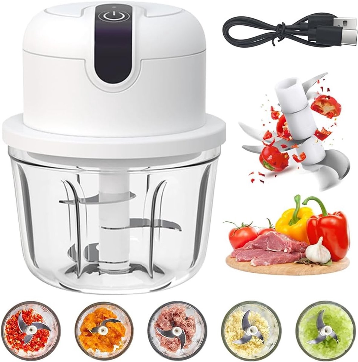 Mini Chopper met USB Aansluiting Draadloze Elektrische Groente- en Uienhakker 350ml voor Fruit Noten Vlees en Knoflook