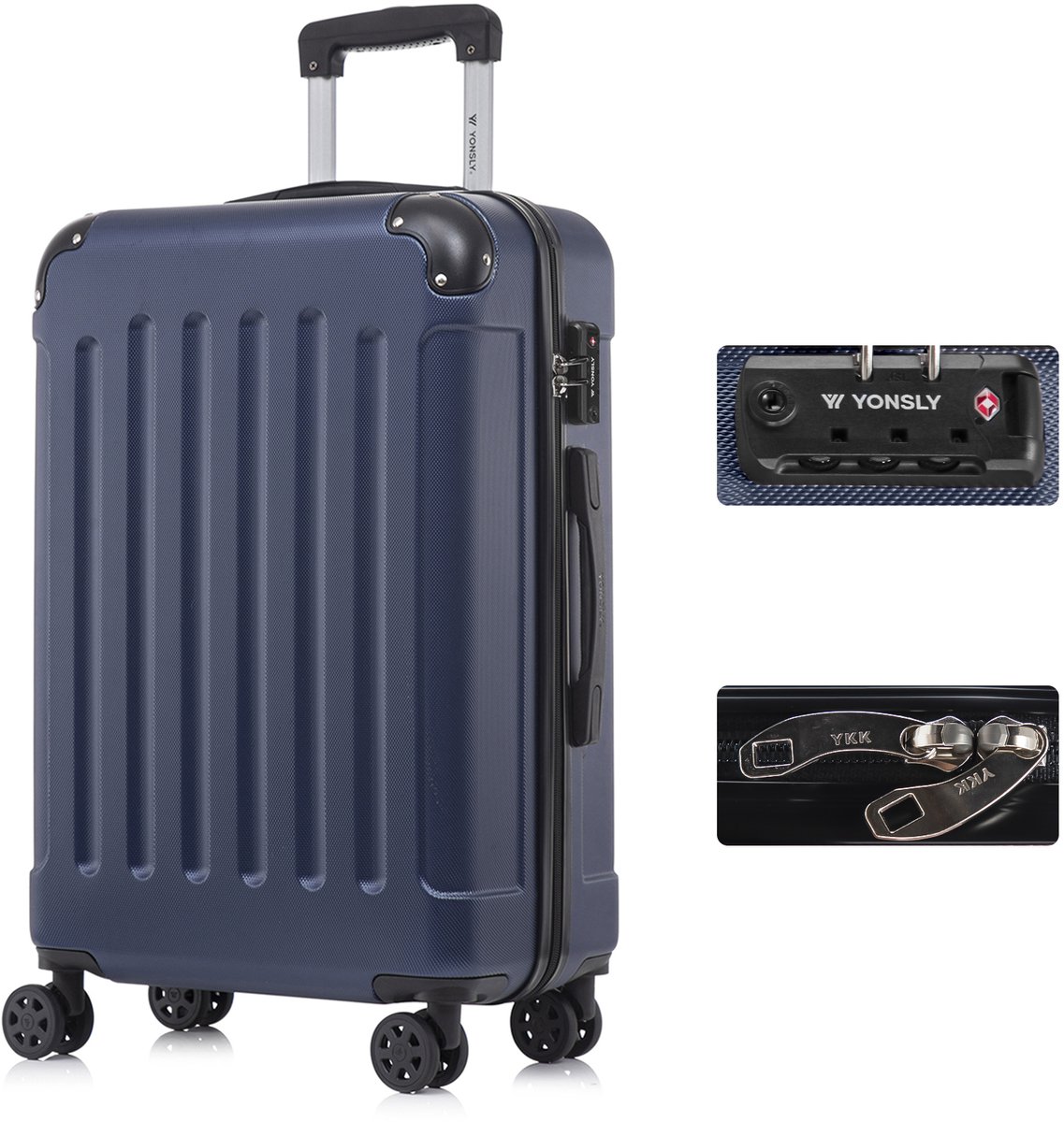 YONSLY Handbagage Koffer - 66cm - 66 L - TSA Slot - 360° Draaibare Wielen - Trolley - Donkerblauw