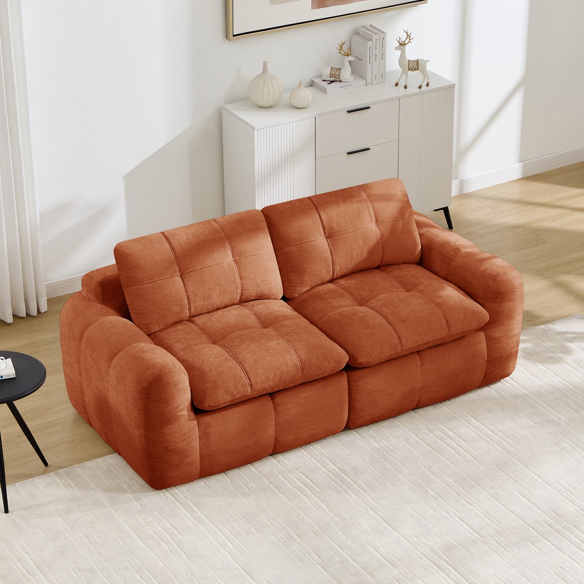 Moderne Tweezitsbank, Modulaire 2-Zitsbank, Vierkante Stiksels, 32D Schuim Met Hoge Dichtheid, Chenille, Diepe Zitting, Minimalistisch, Geen Montage Nodig, Voor Appartement, Woonkamer En Slaapkamer-Oranje