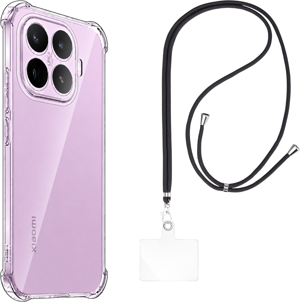 Set met hoesje en nekband voor Xiaomi 17T - Flexibele, transparante TPU-bescherming, verstelbare universele nekband voor mobiele telefoons, zwarte nekband, transparante draagriem van Phonillico®